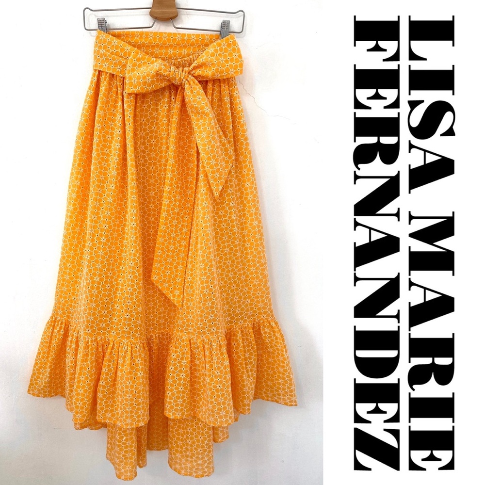 LISA MARIE FERNANDEZ Floral Eyelet Cotton Yellow Belted Maxi Skirt sz 2, SMALL